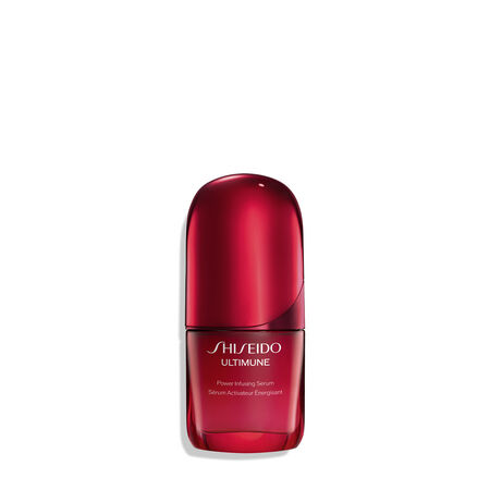 A red, cylindrical bottle of Shiseido Ultimune Power Infusing Serum. The text on the bottle says the title in both English and French,.