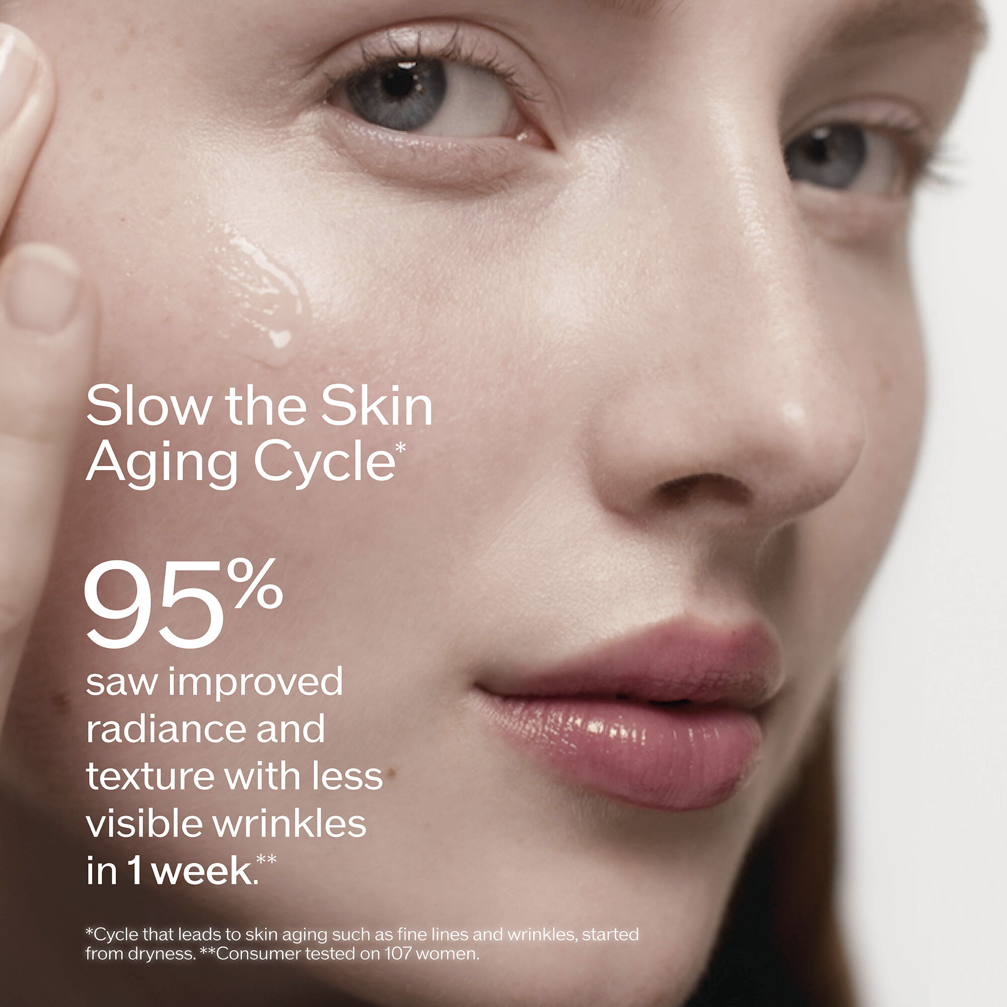 Close-up of a woman applying a clear serum to her cheek. Overlay text: 'Slow the Skin Aging Cycle*. 95% saw improved radiance and texture with less visible wrinkles in 1 week.**' Footnotes explain: '*Cycle that leads to skin aging such as fine lines and wrinkles, started from dryness. **Consumer tested on 107 women.'