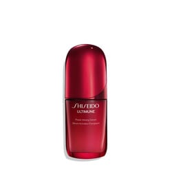 Un flacon cylindrique rouge, du sérum intense infusé Shiseido Ultimune. Le texte sur le flacon indique le titre en anglais et en français.,.